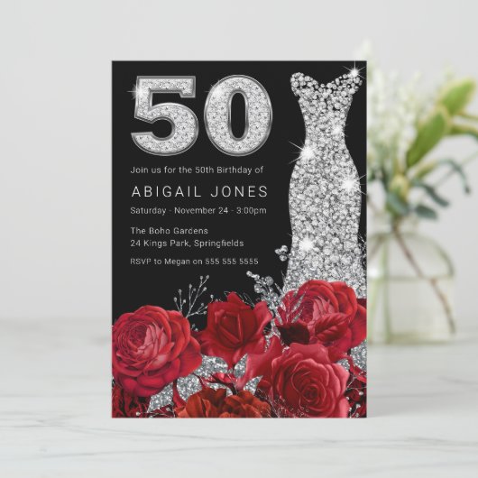 Red Rose Zilveren Diamant Nummer Jurk 50ste Verjaa Kaart (Staand voorkant)