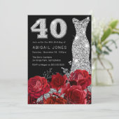 Red Rose Zilveren Diamanten Jurk Zwart 40e Verjaar Kaart (Staand voorkant)