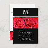 Red Rose Zwart Zilver Monogram Huwelijksreactie RSVP Kaartje (Voorkant / Achterkant)