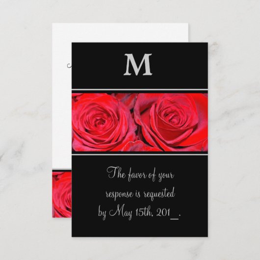 Red Rose Zwart Zilver Monogram Huwelijksreactie RSVP Kaartje (Voorkant / Achterkant)