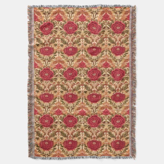 Red RoseArts and Crafts Style Throw Deken (Voorkant Verticaal)
