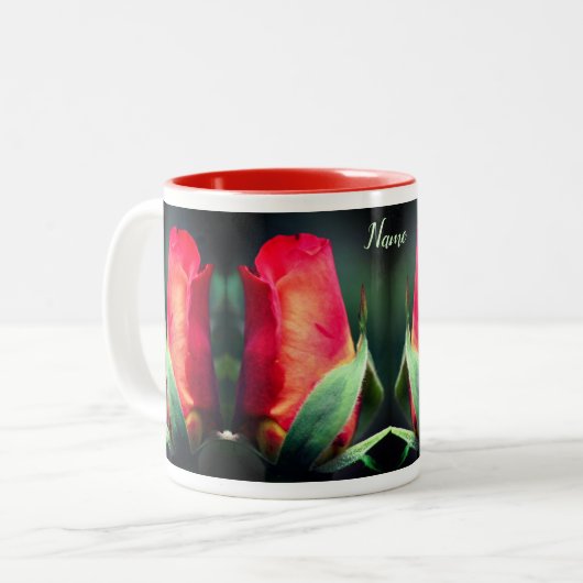 Red Rosebud Flower Personalized Tweekleurige Koffiemok (Voorkant links)