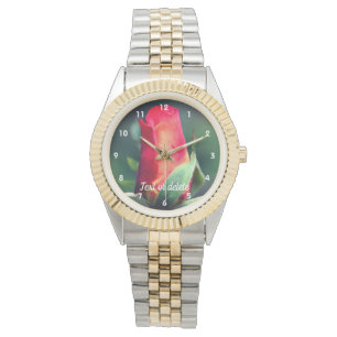 Red Rosebud Flower Yellow Highlights Gepersonalise Horloge