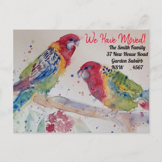 Red Rosella het nieuwe adres Briefkaart wij bewege (Voorkant)