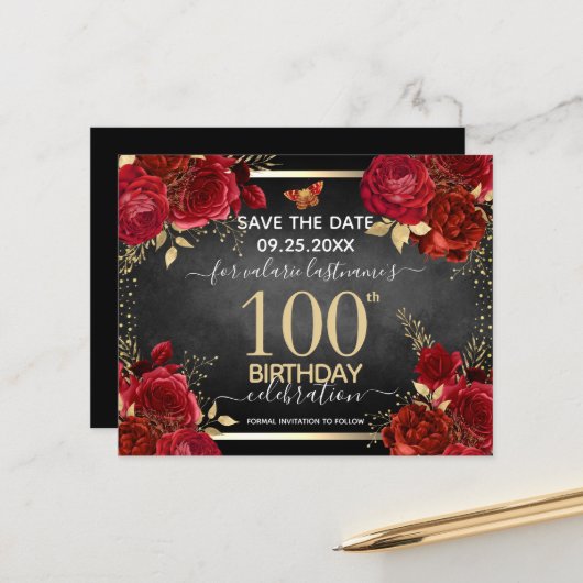 Red Roses 100th Birthday Save the Date Budget (Voorkant / Achterkant in situ)