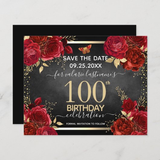 Red Roses 100th Birthday Save the Date Budget (Voorkant / Achterkant)