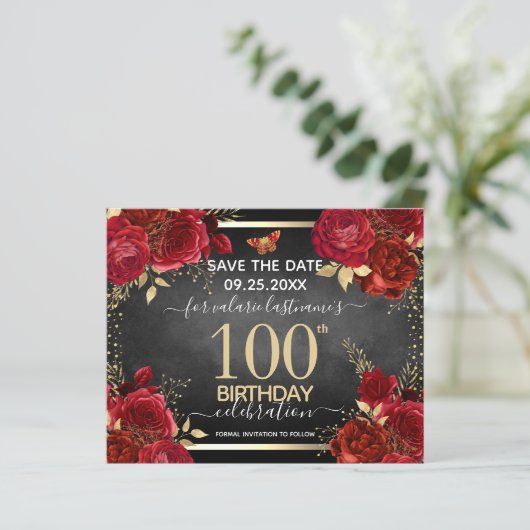Red Roses 100th Birthday Save the Date Budget (Staand voorkant)