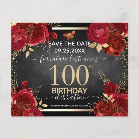 Red Roses 100th Birthday Save the Date Budget (Voorkant)