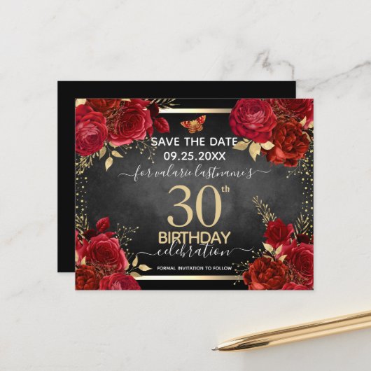 Red Roses 30th Birthday Save the Date Budget (Voorkant / Achterkant in situ)