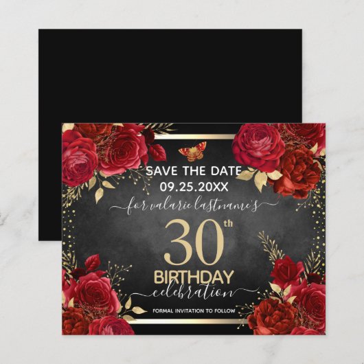 Red Roses 30th Birthday Save the Date Budget (Voorkant / Achterkant)