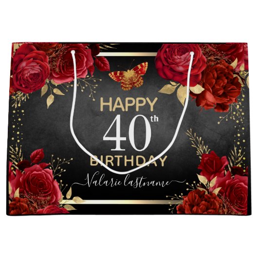 Red Roses 40th Birthday Large Gift Bag Groot Cadeauzakje (Voorkant)
