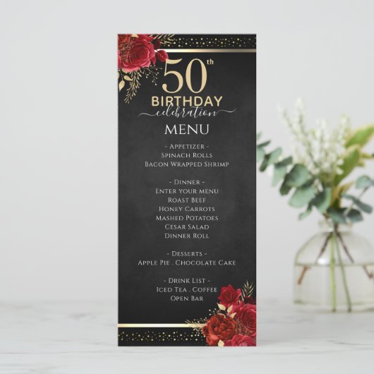 Red Roses 50th Birthday Celebration Menu (Staand voorkant)