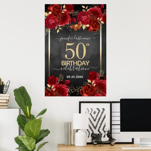 Red roses 50th birthday Large Format Poster (Thuiskantoor)