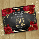 Red Roses 50th Birthday Save the Date Briefkaart<br><div class="desc">Rode rozen,  rode rode rode rode rode en gouden folie bladeren. Elegant bloemontwerp voor elk jaar verjaardagsfeest.Gemakkelijk aan te passen aan sjabloon. Prachtig sparen het ontwerp van de sjabloon van de datumverjaardag.</div>