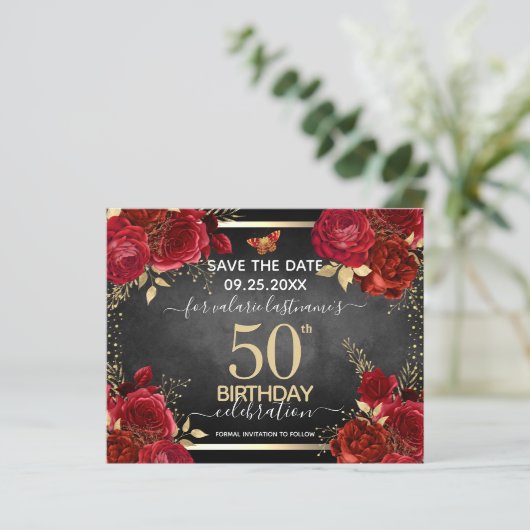 Red Roses 50th Birthday Save the Date Budget (Staand voorkant)