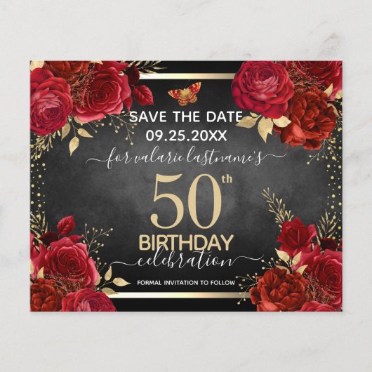 Red Roses 50th Birthday Save the Date Budget (Voorkant)