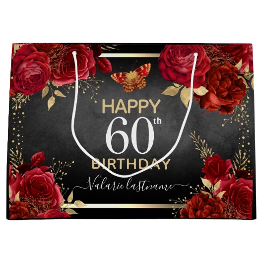 Red Roses 60th Birthday Large Gift Bag Groot Cadeauzakje (Voorkant)