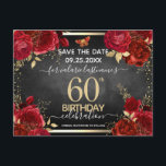 Red Roses 60th Birthday Save the Date Briefkaart<br><div class="desc">Rode rozen,  rode rode rode rode rode en gouden folie bladeren. Elegant bloemontwerp voor elk jaar verjaardagsfeest.Gemakkelijk aan te passen aan sjabloon. Prachtig sparen het ontwerp van de sjabloon van de datumverjaardag.</div>