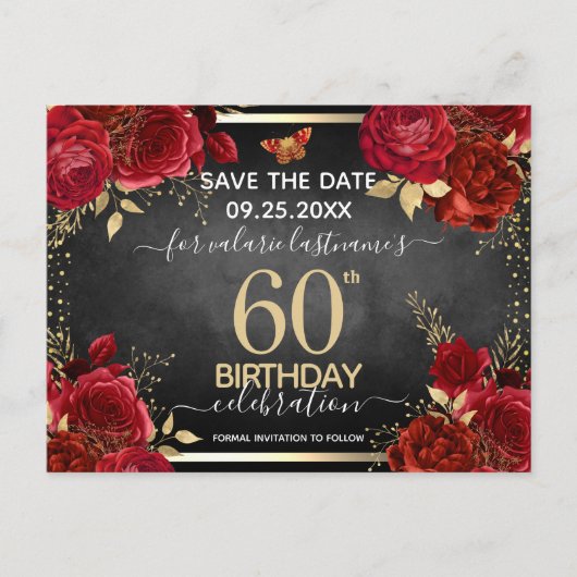 Red Roses 60th Birthday Save the Date Briefkaart (Voorkant)