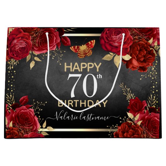 Red Roses 70th Birthday Large Gift Bag Groot Cadeauzakje (Voorkant)