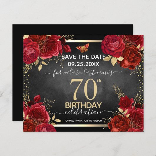 Red Roses 70th Birthday Save the Date Budget (Voorkant / Achterkant)
