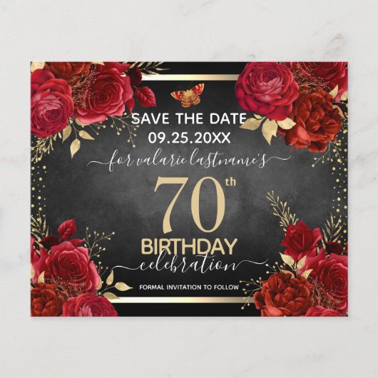 Red Roses 70th Birthday Save the Date Budget (Voorkant)