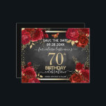 Red Roses 70th Birthday Save the Date Budget<br><div class="desc">Rode rozen,  rode rode rode rode rode en gouden folie bladeren. Elegant bloemontwerp voor elk jaar verjaardagsfeest.Gemakkelijk aan te passen aan sjabloon. Prachtig sparen het ontwerp van de sjabloon van de datumverjaardag. Betaalbare budgetvriendelijke optie voor eenvoudig papier</div>