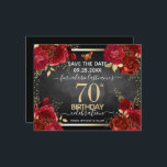 Red Roses 70th Birthday Save the Date Budget<br><div class="desc">Rode rozen,  rode rode rode rode rode en gouden folie bladeren. Elegant bloemontwerp voor elk jaar verjaardagsfeest.Gemakkelijk aan te passen aan sjabloon. Prachtig sparen het ontwerp van de sjabloon van de datumverjaardag. Betaalbare budgetvriendelijke optie voor eenvoudig papier</div>