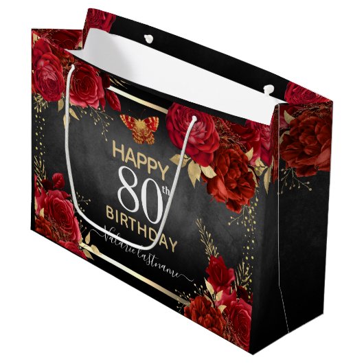 Red Roses 80th Birthday Large Gift Bag Groot Cadeauzakje (Voorkant Gekanteld)