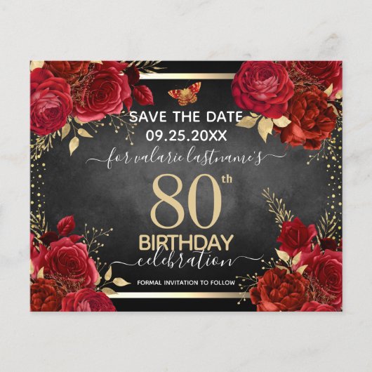 Red Roses 80th Birthday Save the Date Budget (Voorkant)
