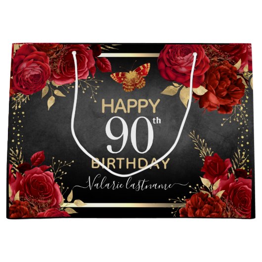 Red Roses 90th Birthday Large Gift Bag Groot Cadeauzakje (Voorkant)
