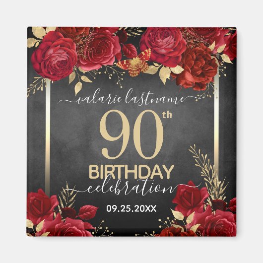 Red Roses 90th Birthday Save the Date Magnet (Voorkant)