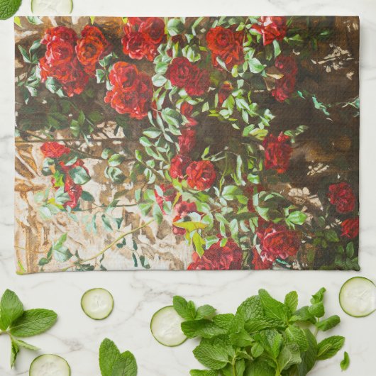 Red Roses Against a Stone Wall Theedoek (Gevouwen)