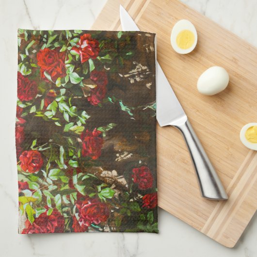 Red Roses Against a Stone Wall Theedoek (Quarter Fold)