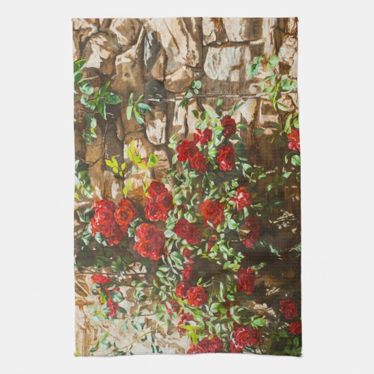 Red Roses Against a Stone Wall Theedoek (Verticaal)