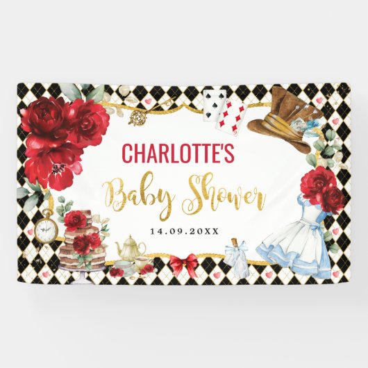 Red Roses Alice in Wonderland Baby shower Backdrop Spandoek (Horizontaal)