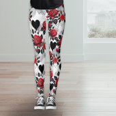 Red Roses and Black Hearts Romantic Patterned Leggings