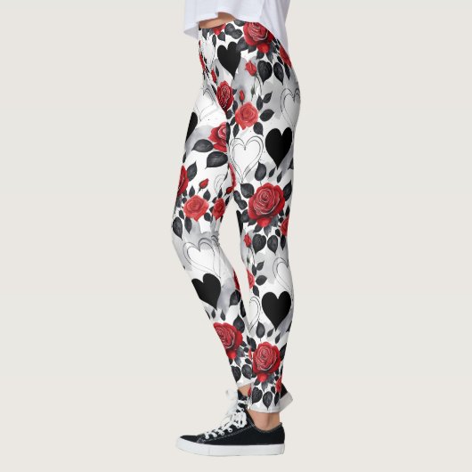 Red Roses and Black Hearts Romantic Patterned Leggings (Links)