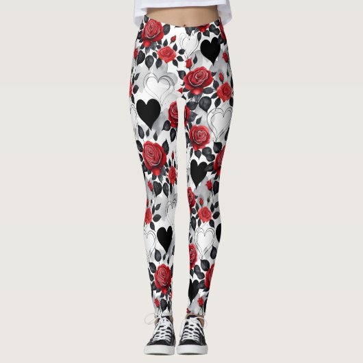 Red Roses and Black Hearts Romantic Patterned Leggings (Voorkant)