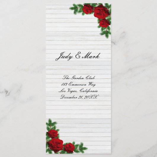 Red Roses And Pine Branch Christmas Wedding Menu (Achterkant)