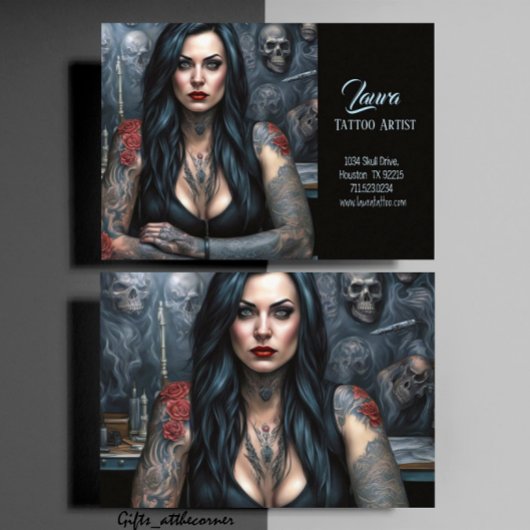 Red Roses and Skulls Vrouw Tattoo Artiest Visitekaartje