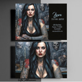 Red Roses and Skulls Vrouw Tattoo Artiest Visitekaartje