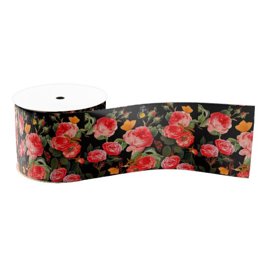 RED  ROSES AND YELLOW BUTTERFLIES Black Floral Grosgrain Lint (Spoel)