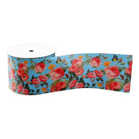 RED ROSES AND YELLOW BUTTERFLIES Blue Floral Grosgrain Lint (Spoel)