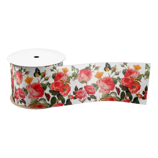 RED ROSES AND YELLOW BUTTERFLIES White Floral Satijnen Lint (Spoel)