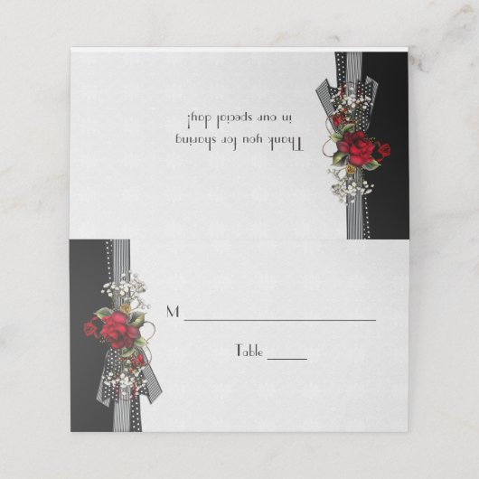 Red Roses Baby's Breath Black Ribbons Place Cards Plaatskaartje (Buitenkant ongevouwen)