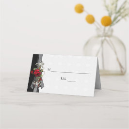 Red Roses Baby's Breath Black Ribbons Place Cards Plaatskaartje