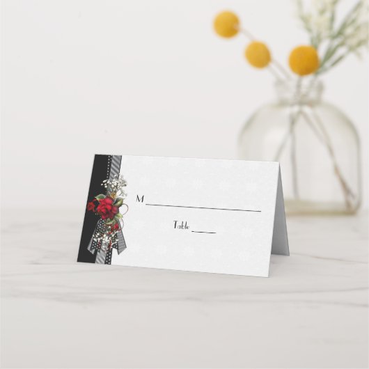 Red Roses Baby's Breath Black Ribbons Place Cards Plaatskaartje (Voorkant)