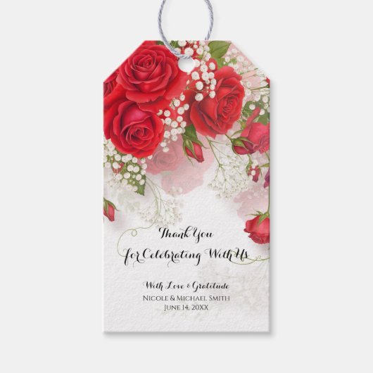 Red Roses & Babys Breath Elegant Floral Wedding  Cadeaulabel (Voorkant)