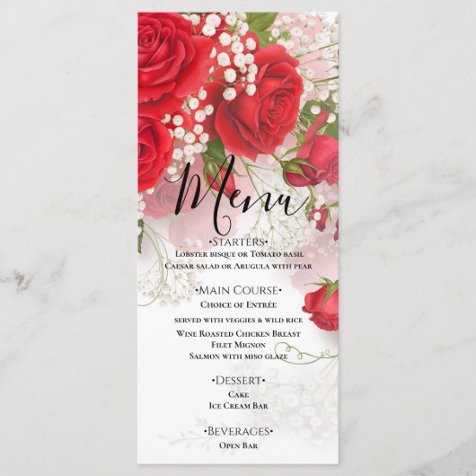 Red Roses & Babys Breath Elegant Floral Wedding  Menu (Voorkant)